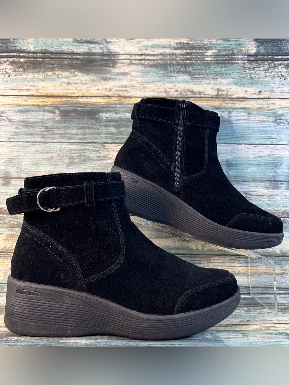 Skechers Wedge Heel Ankle Boots Womens 8.5 Black Suede Zip Casual Walking Dress